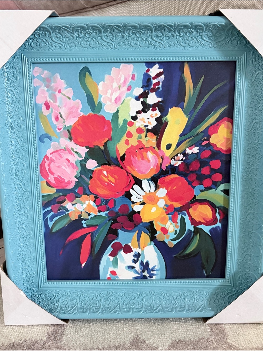 Vibrant Floral Bouquet Wall Art in Light Blue Frame